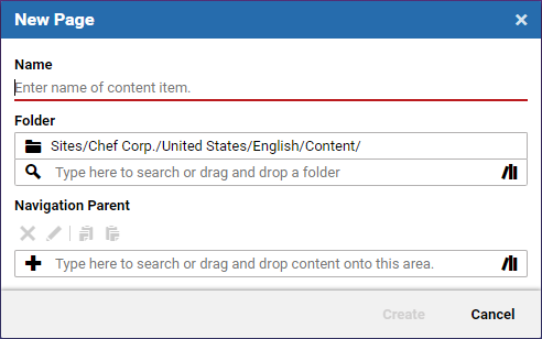 New content dialog for pages