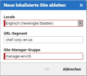 Dialog zum Ableiten einer Site