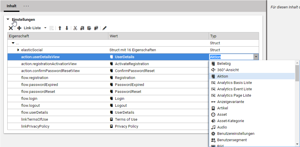 Auswählen eines Inhaltstyps für einen Link-Eintrag