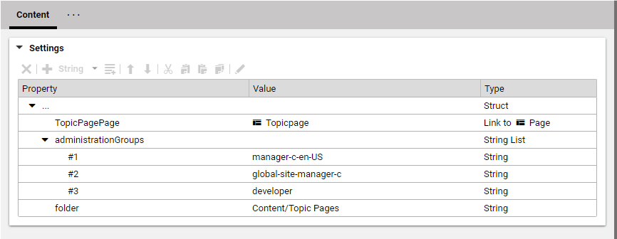 Settings document for topic pages