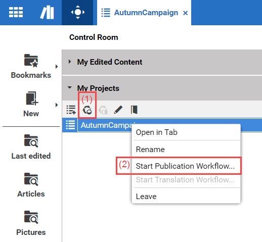 Start publication workflow context menu