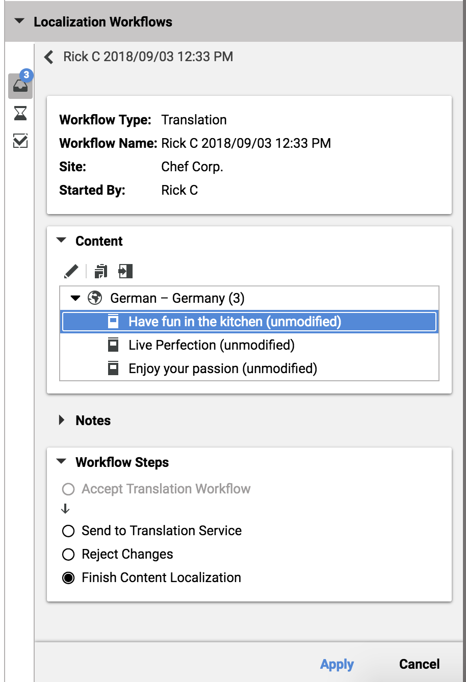 Translation workflow detail panel