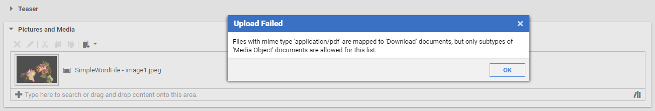 Upload document with wrong MIME type into a media link list