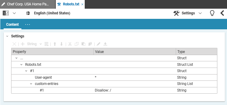 Channel settings with configuration for Robots.txt as a linked setting on a root page