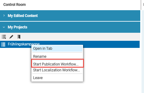 Start publication workflow context menu