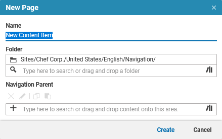 Create content dialog for pages