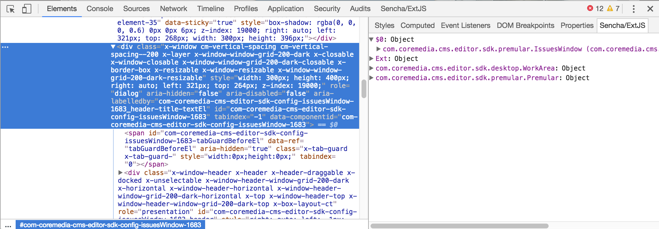 Inspect an Ext JS component selected in the DOM