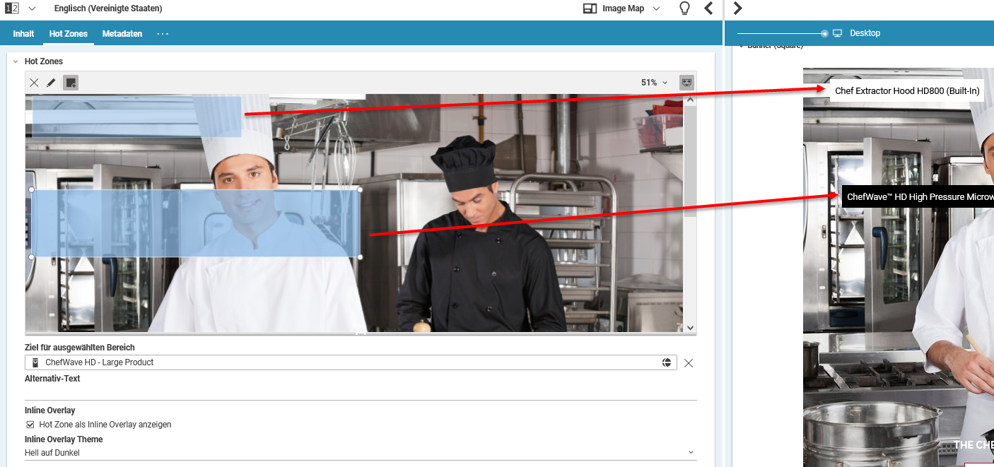 Hot Zones mit einer Inline Overlay Zone ausgewählt zur Bearbeitung
