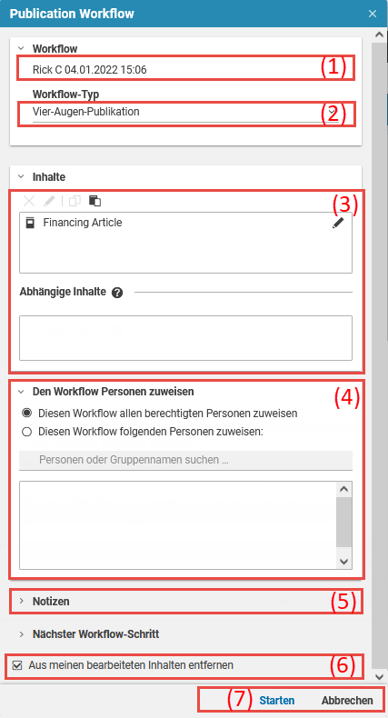 Startfenster des Publikations-Workflows