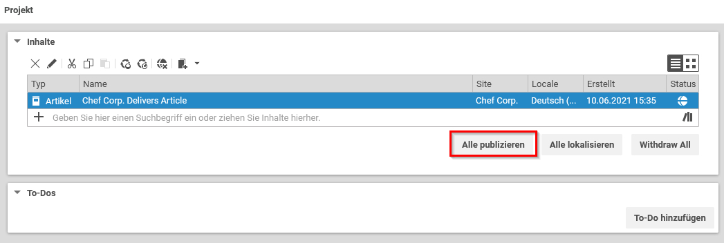 Alles publizieren im Projekte-Fenster