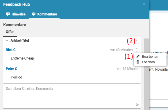 Kommentare im Feedback Hub löschen