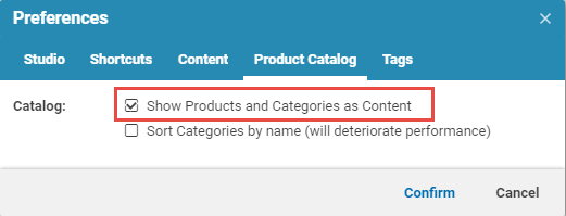 The CoreMedia product catalog preference tab