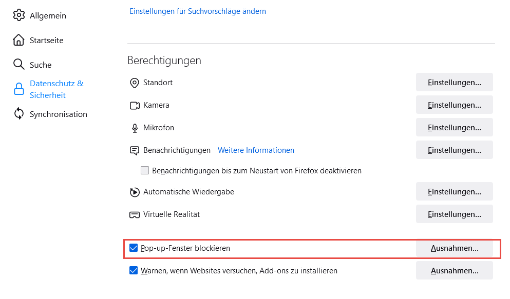 Berechtigungen in Firefox bearbeiten