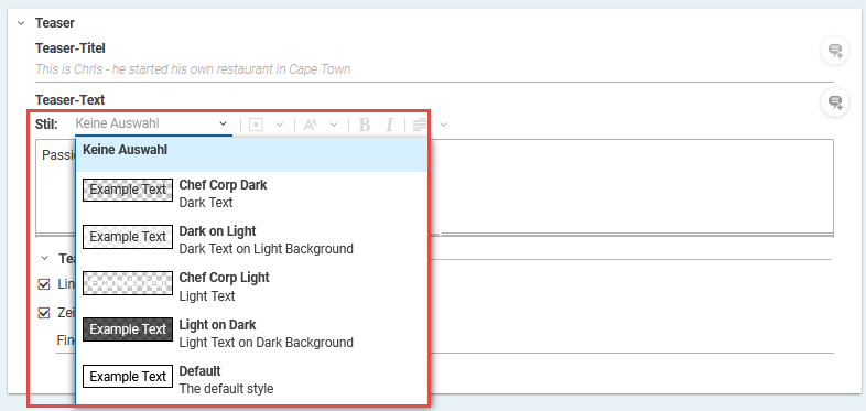 Stil für verschiebbaren Teaser-Text auswählen