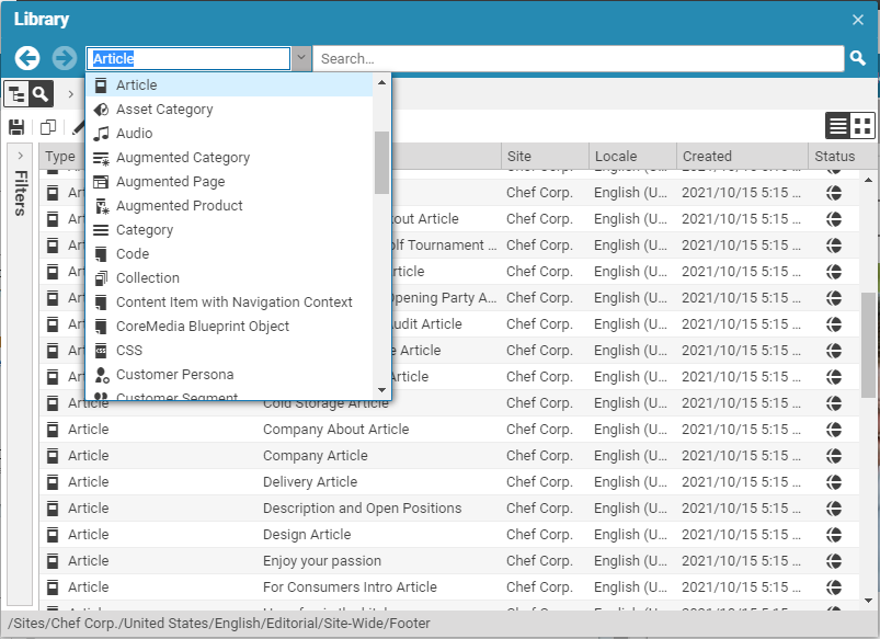 Content type chooser in the library