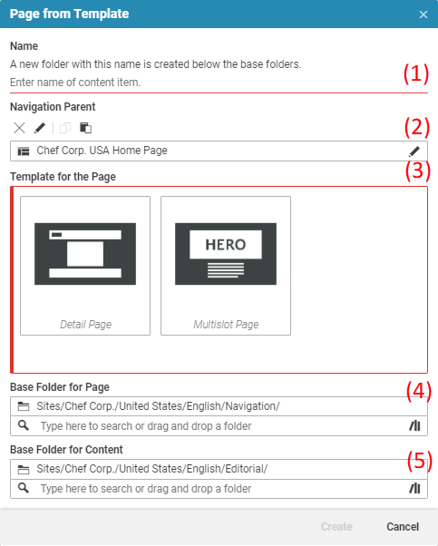 Page from Template dialog