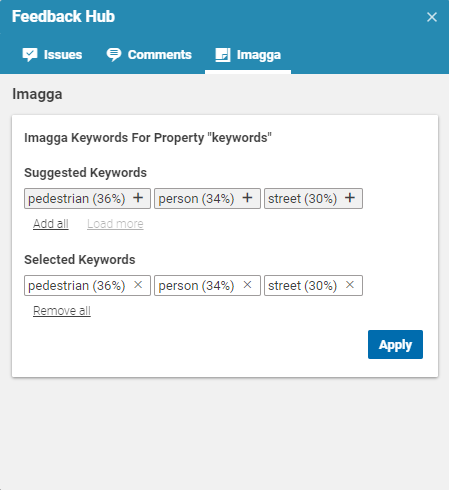 Feedback Hub Window with keywords from Imagga system