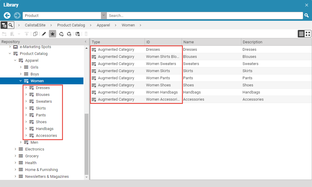 Augmented categories in the tree view of the Library with specific icon