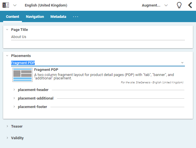 Example of a page with a page grid for fragment use. The placements that corresponds to the commerce layout are highlighted in blue and are the only ones that can be edited.