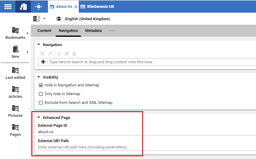 Navigation Settings for another page