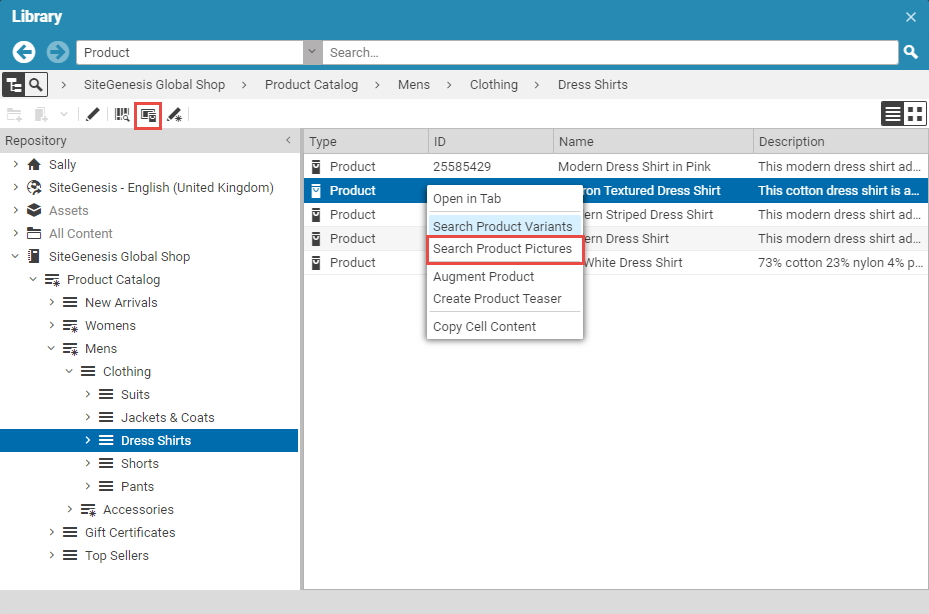 Search picture content items assigned to a product