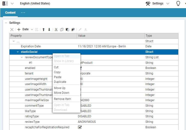 Context menu for struct entry