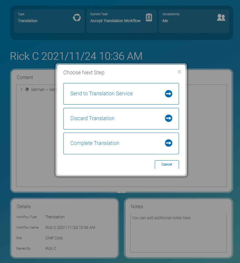 Translation workflow detail panel