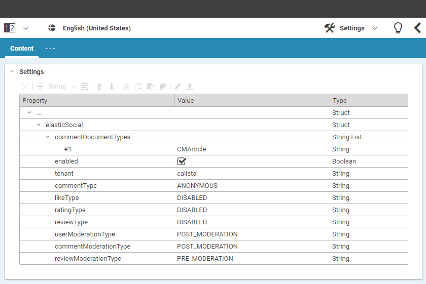 Elastic Social configuration in a Settings content item