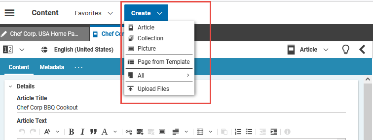 Create content menu on the Header toolbar