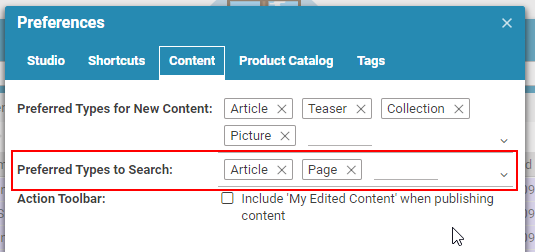 Preferred Types Content Type Search Selection