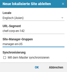 Dialog zum Ableiten einer Site