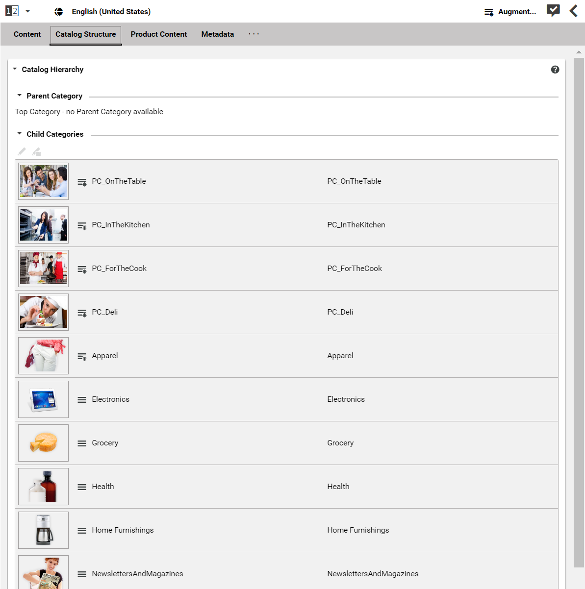 Catalog structure in the catalog root content item