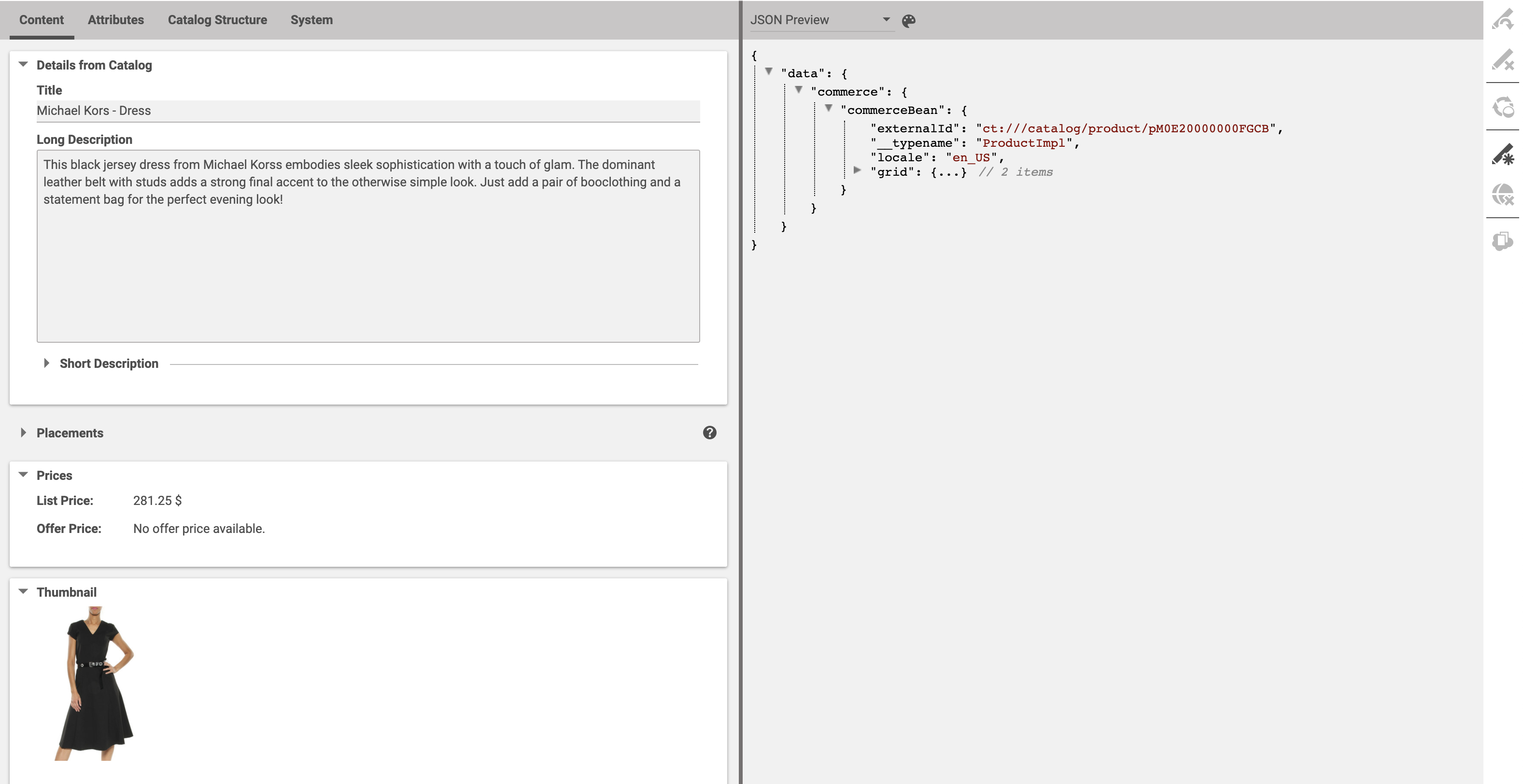 Product in tab with JSON preview