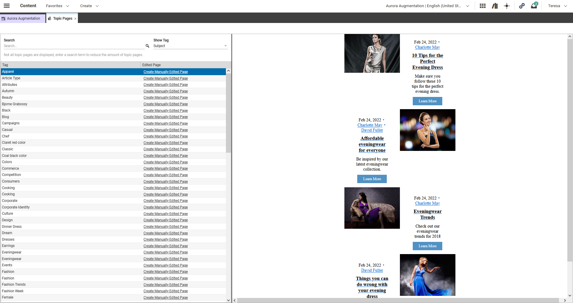 The topic pages administration in Studio