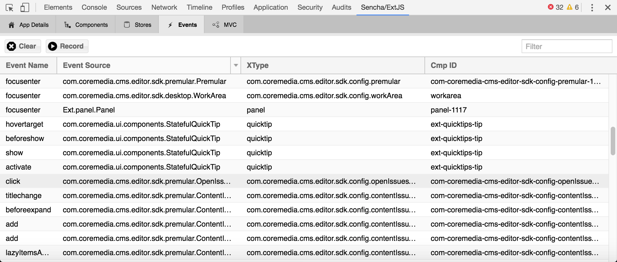 Record Ext JS component events