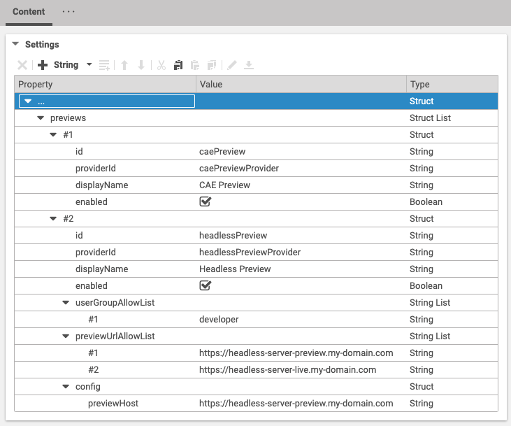 Settings Document with two configured previews