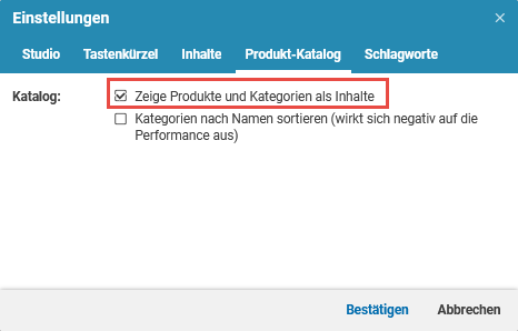 Die Registerkarte mit den Einstellungen des CoreMedia Produktkatalogs