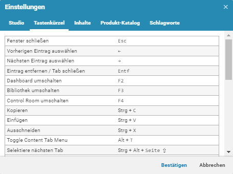 Tastaturkürzel in den Einstellungne