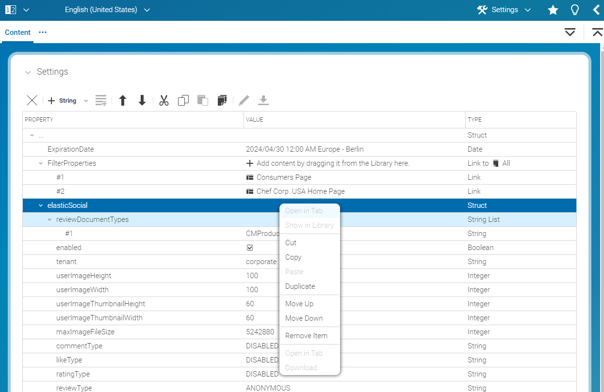 Context menu for struct entry