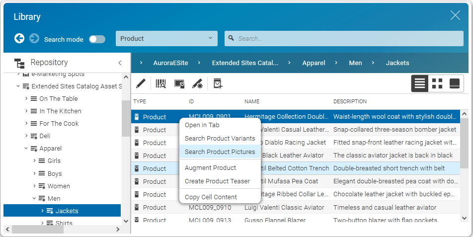 Search picture content items assigned to a product