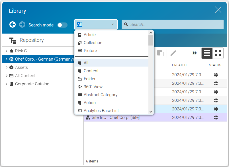Content type chooser in the library