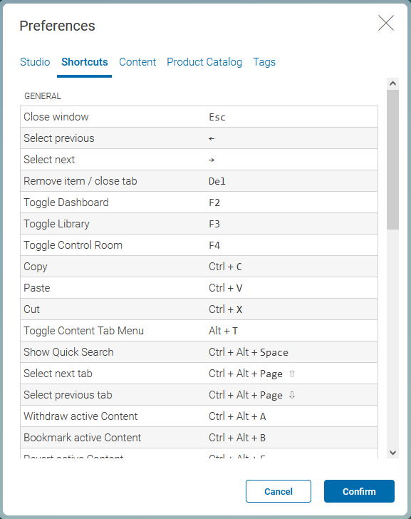 Studio shortcuts