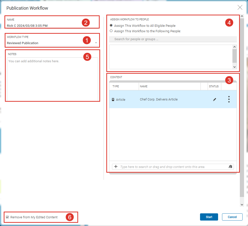 Start Publication Workflow Window