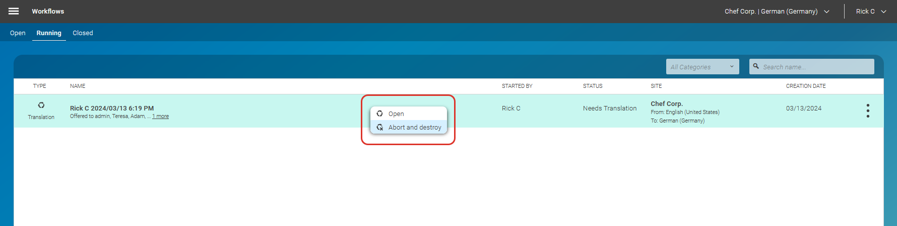 Aborting translation workflow in Workflow App