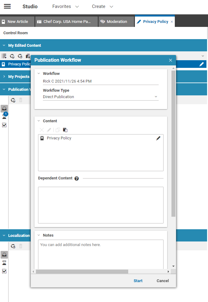 Control Room with workflow start window