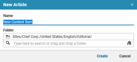 Create content dialog