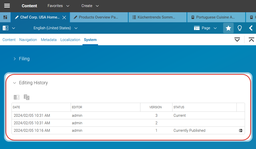 Editing history of a content item