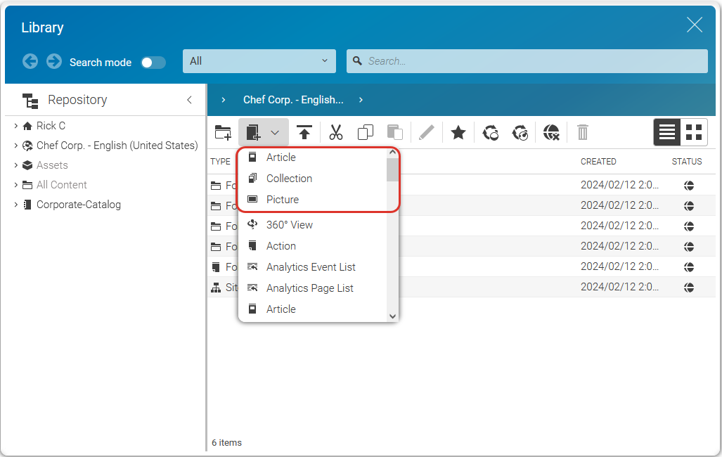Preferred Types in the New Content Menu (Library)