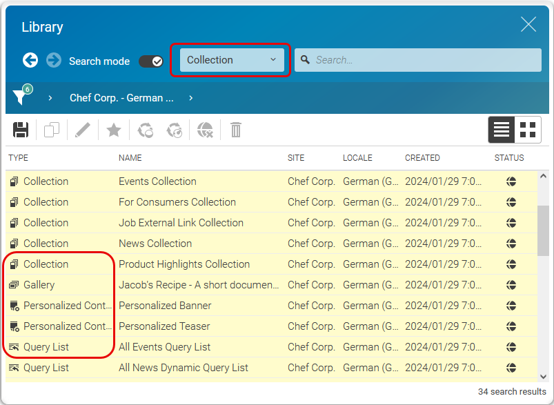 Collection and its subtypes in search results