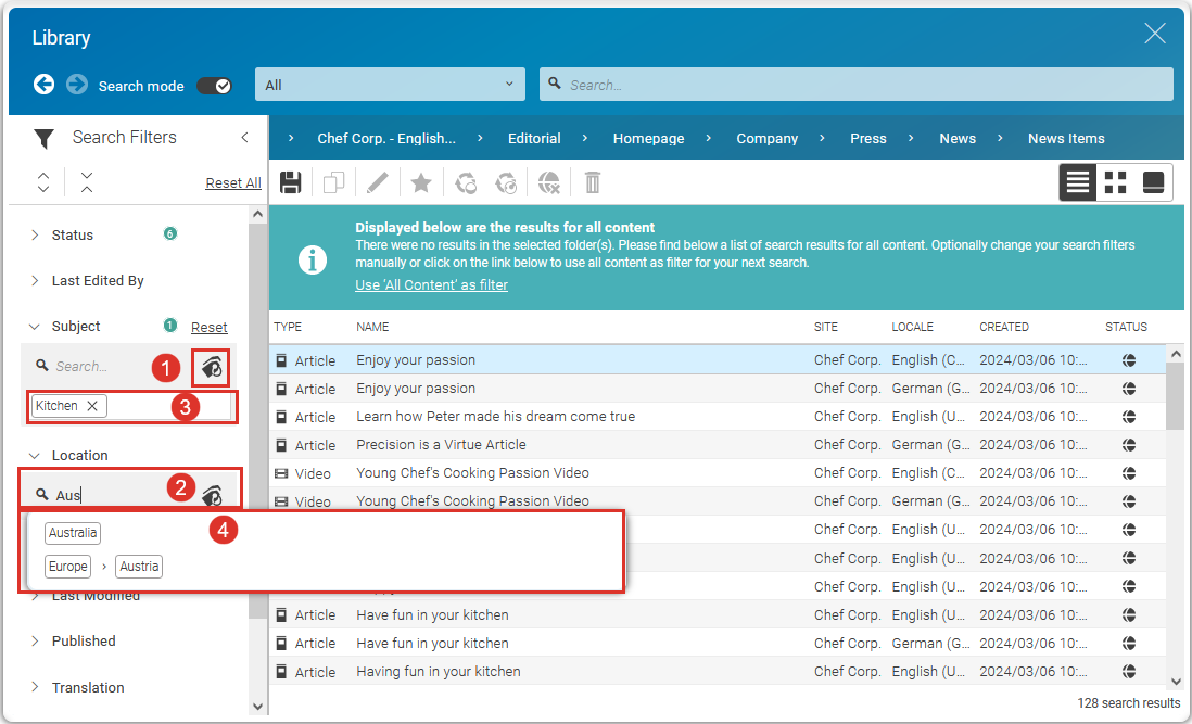 Taxonomy filter in the Library
